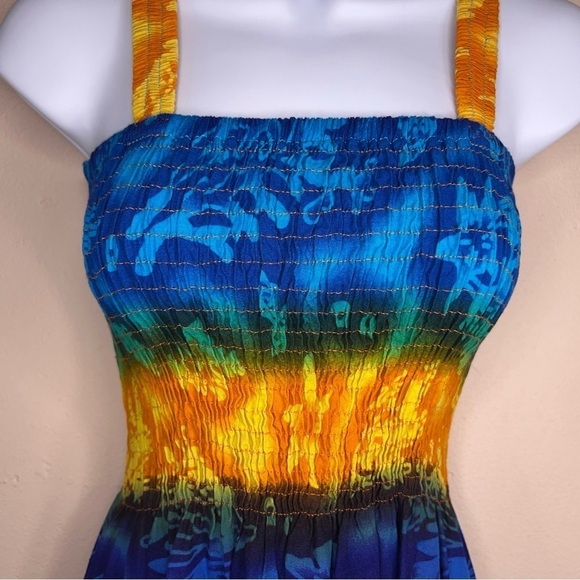 SMALL TROPICAL DRESS SLEEVELESS STRETCH COLORFUL BLUE ORANGE BEACH VACATION - Picture 2 of 13